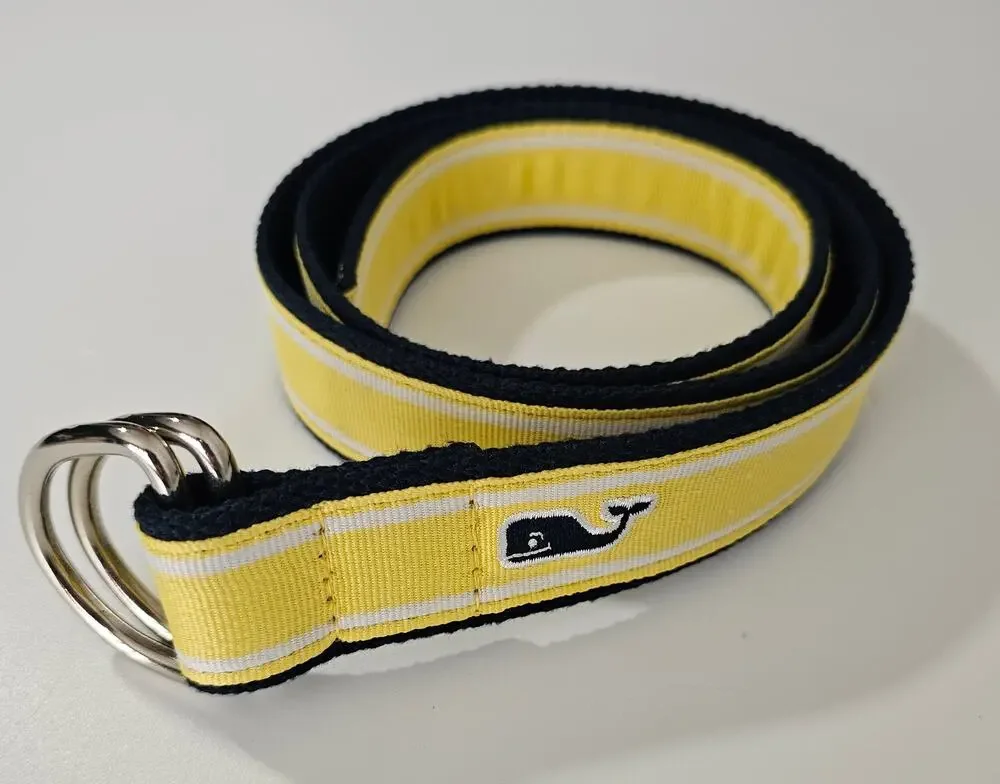 EUC Vineyard Vines Men's Preppy Yellow/White D-Ring Golf Whale Belt L